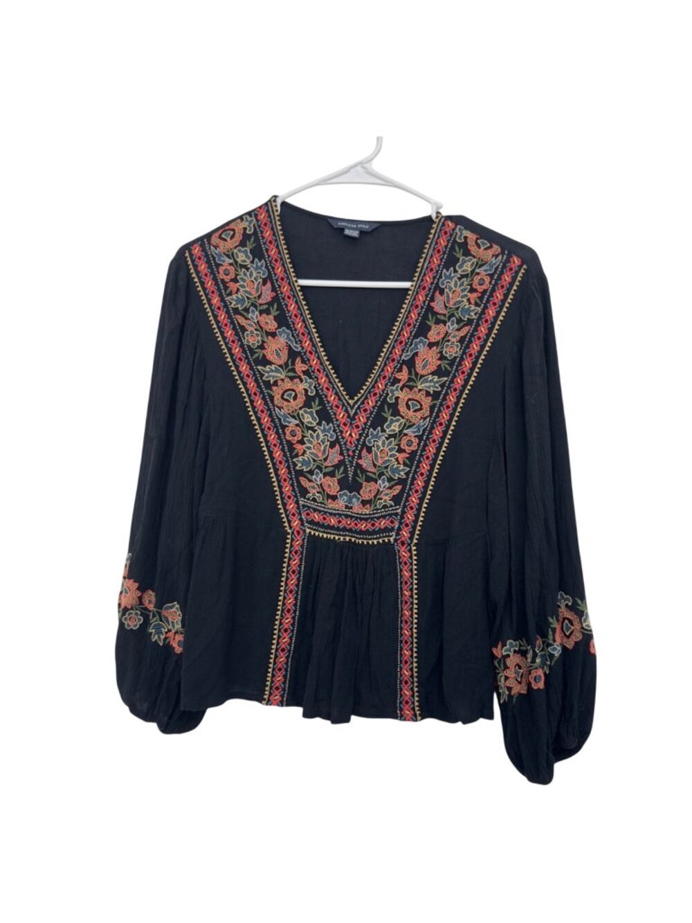 American Eagle Women Black Boho Embroidered 3/4 Sleeve Peasant Crop Blouse SZ XS